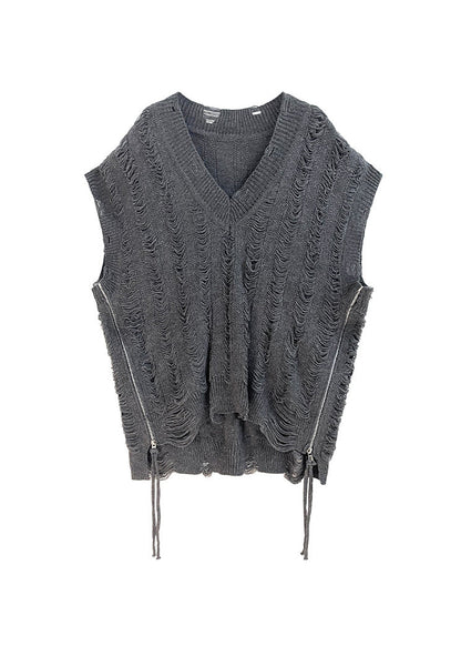 Handmade Black V Neck Zip Up Patchwork Knit Vest Tops Sleeveless