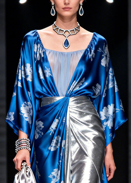 Handmade Blue Asymmetrical Patchwork Print Chiffon Dresses Summer