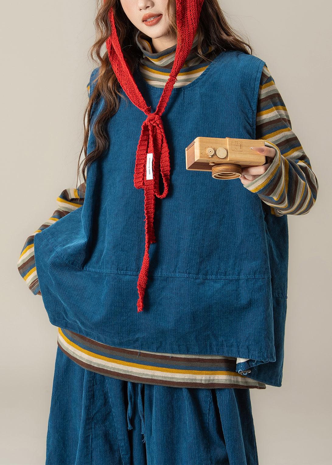 Handmade Blue O Neck Vest T Shirt Pants Corduroy Women Sets 3 Pieces Spring