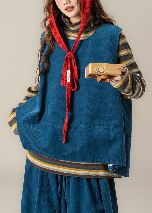 Handmade Blue O Neck Vest T Shirt Pants Corduroy Women Sets 3 Pieces Spring
