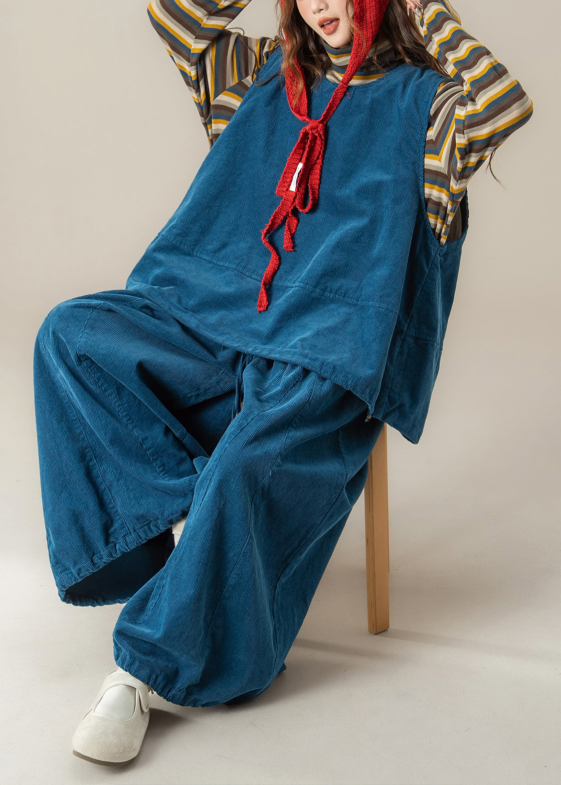 Handmade Blue O Neck Vest T Shirt Pants Corduroy Women Sets 3 Pieces Spring