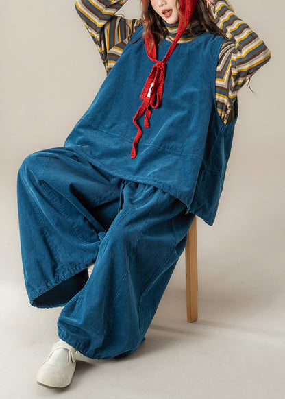Handmade Blue O Neck Vest T Shirt Pants Corduroy Women Sets 3 Pieces Spring