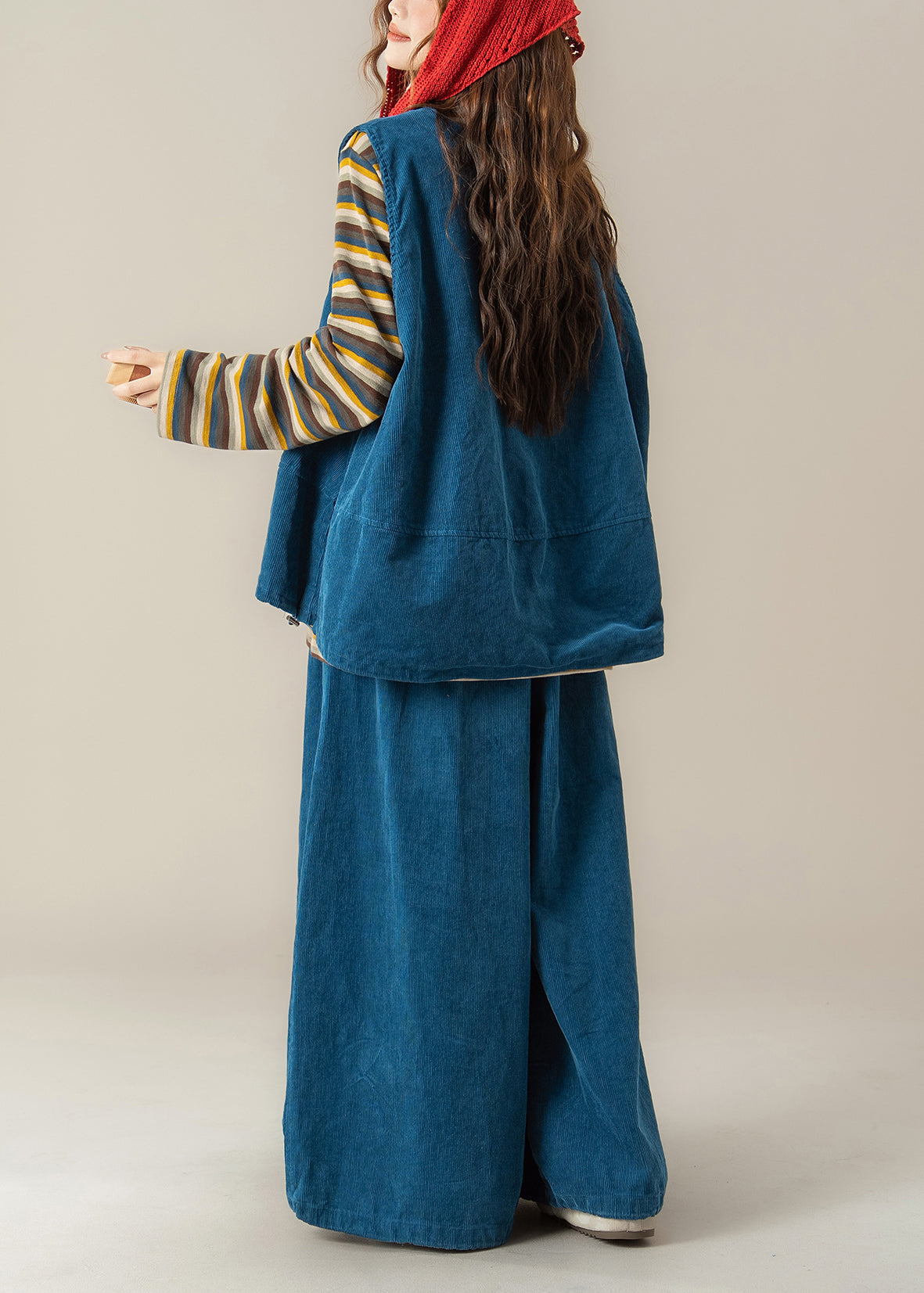 Handmade Blue O Neck Vest T Shirt Pants Corduroy Women Sets 3 Pieces Spring