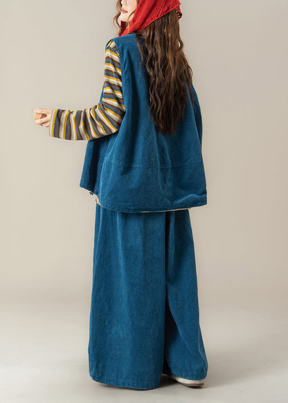 Handmade Blue O Neck Vest T Shirt Pants Corduroy Women Sets 3 Pieces Spring