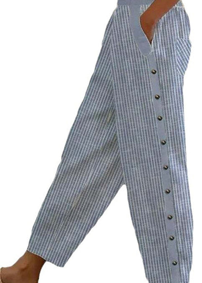 Handmade Blue Pockets Striped Cotton Crop Pants Summer