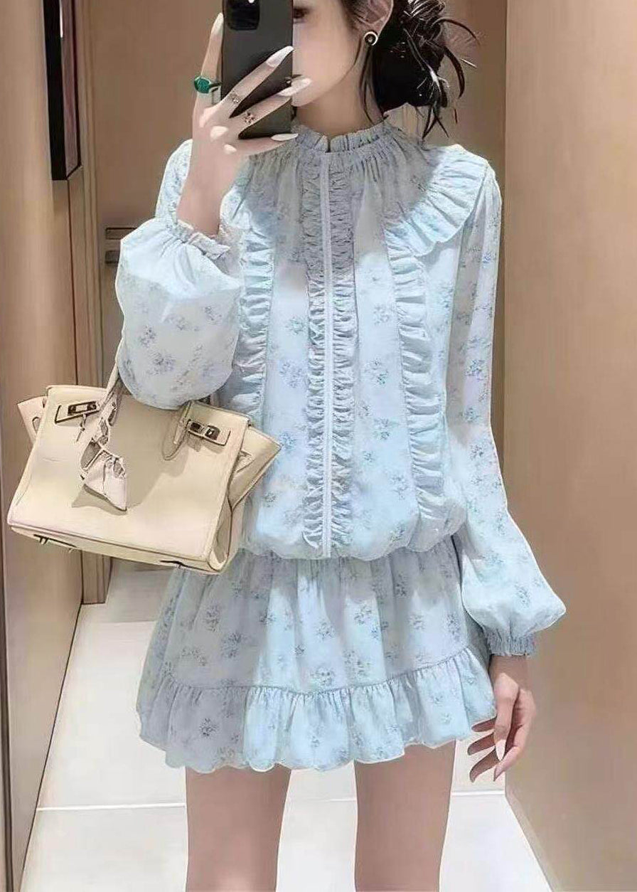 Handmade Blue Ruffled Print Chiffon Women Sets 2 Pieces Summer