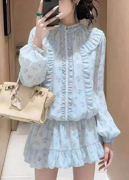 Handmade Blue Ruffled Print Chiffon Women Sets 2 Pieces Summer