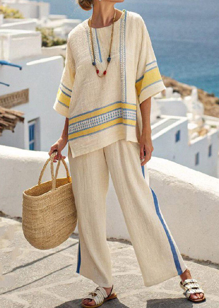 Handmade Blue Striped Low High Design T Shirts And Wide Leg Pants Two Pieces Set Half Sleeve
