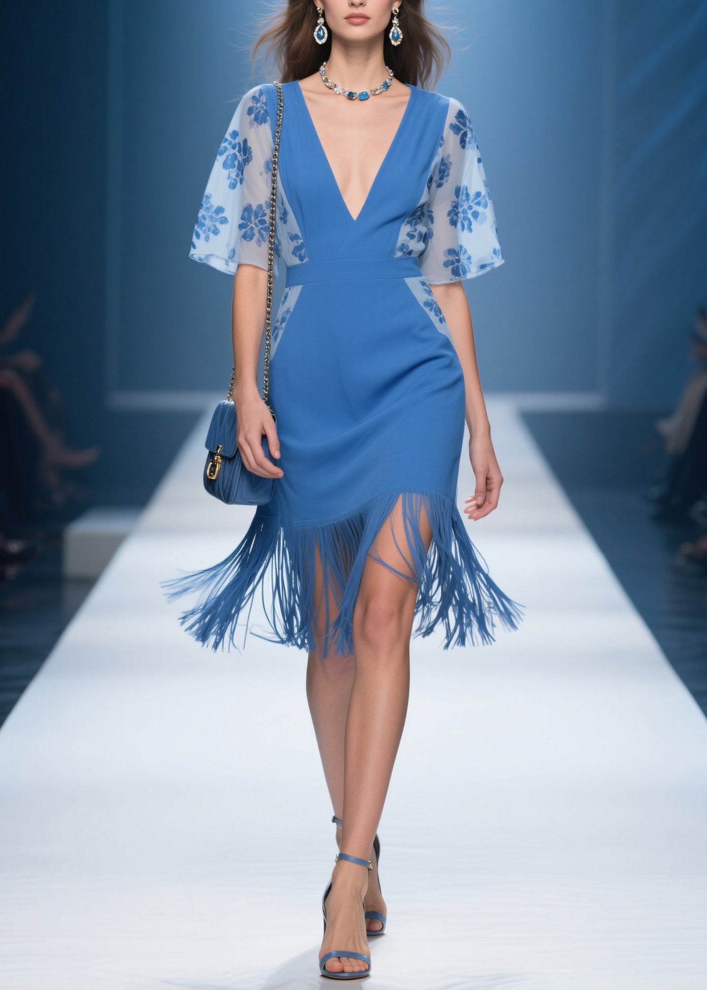 Handmade Blue V Neck Print Tassel Patchwork Cotton Dresses Summer