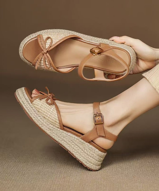 Handmade Brown Sandals Splicing Bow Wedge Sandals