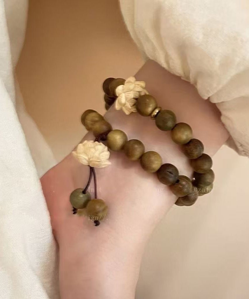 Handmade Brown Weaving Sandalwood Lotus Beading Two-Piece Set Charm Bracelet