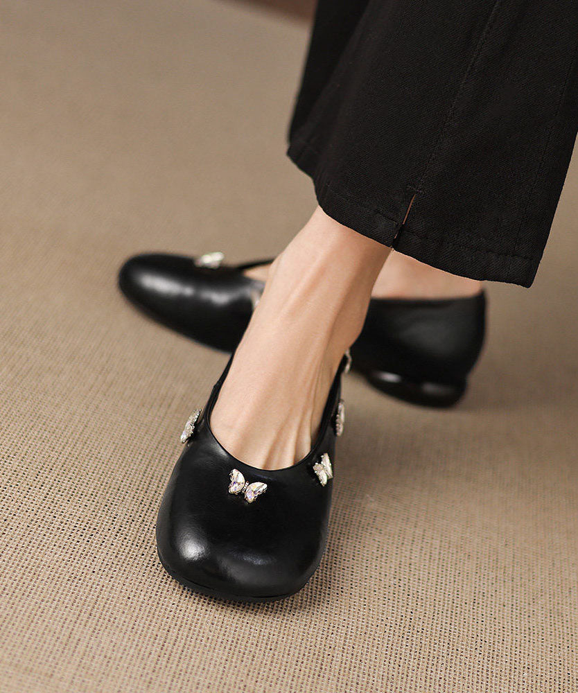 Handmade Butterfly Zircon Penny Loafers Black Cowhide Leather