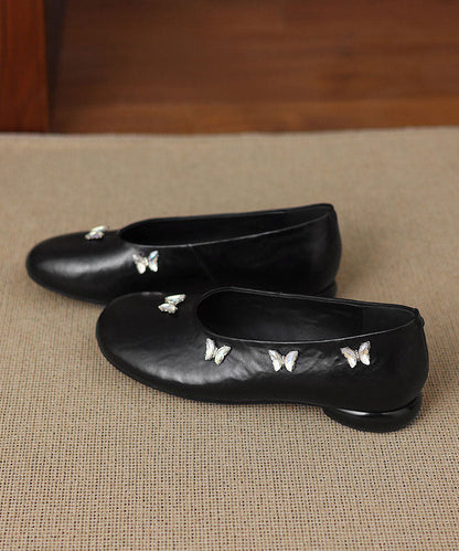 Handmade Butterfly Zircon Penny Loafers Black Cowhide Leather