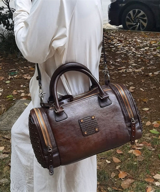 Handmade Coffee Rivet Calf Leather Tote Bag