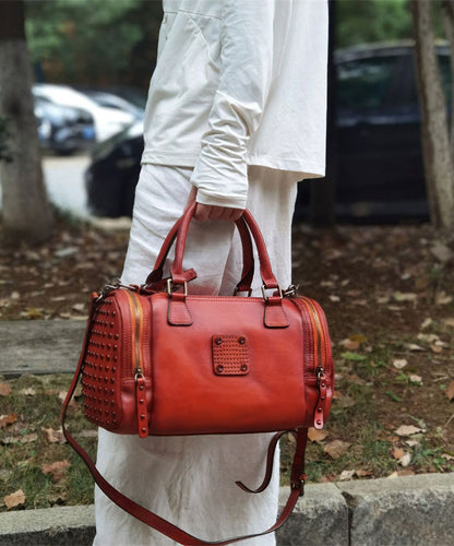 Handmade Coffee Rivet Calf Leather Tote Bag