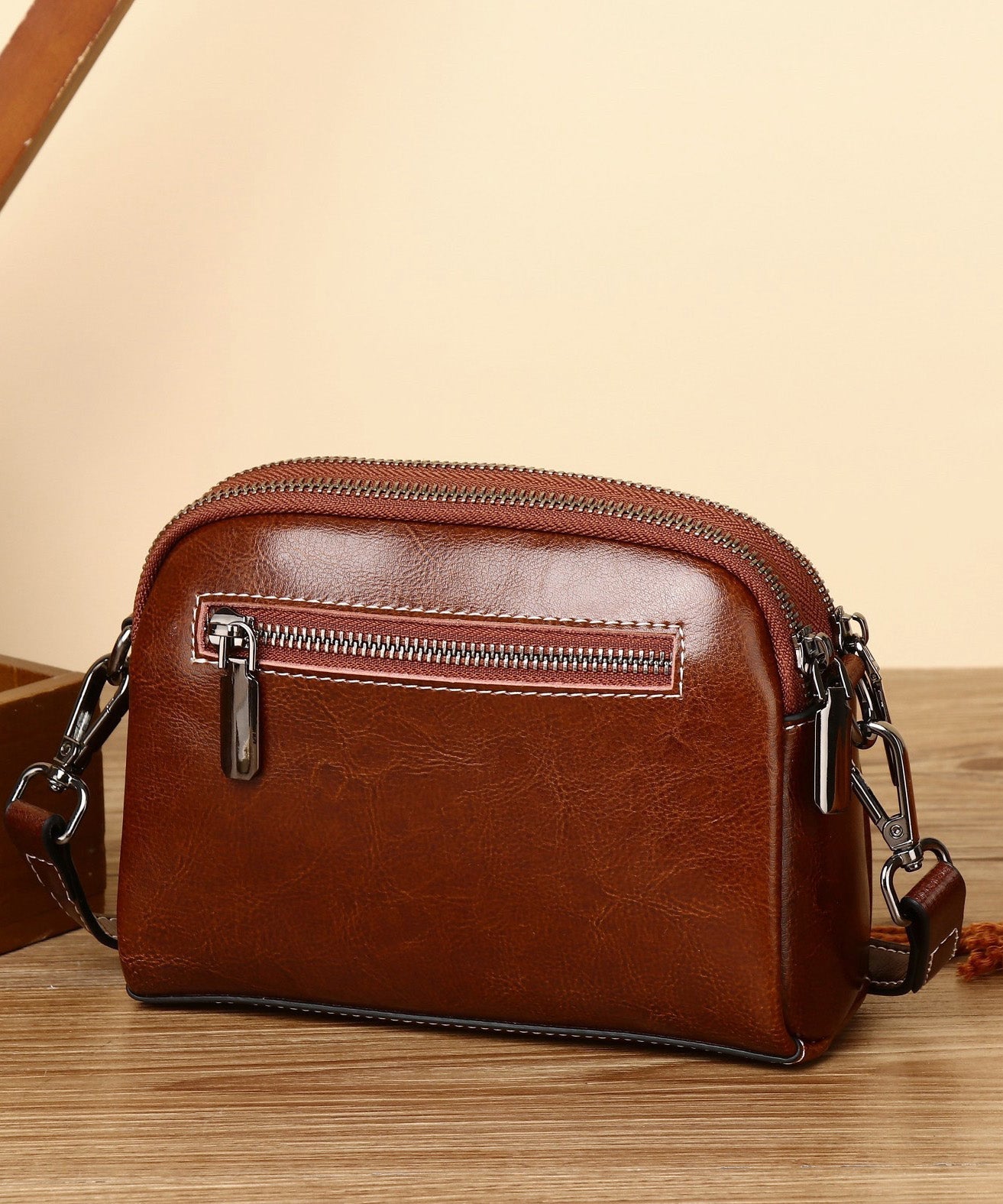 Handmade Coffee Versatile Calf Leather CrossBody Bag