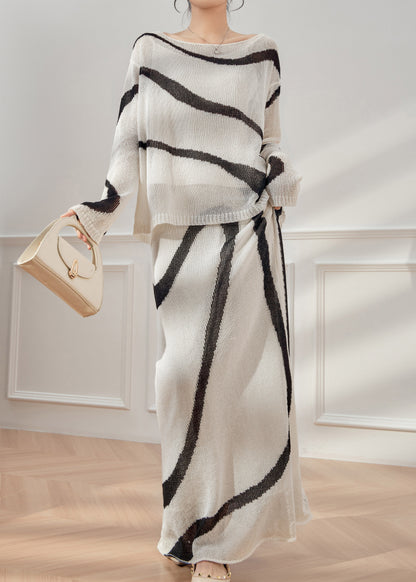 Handmade Colorblock Striped Knit Top And Maxi Skirts Two Pieces Set Spring