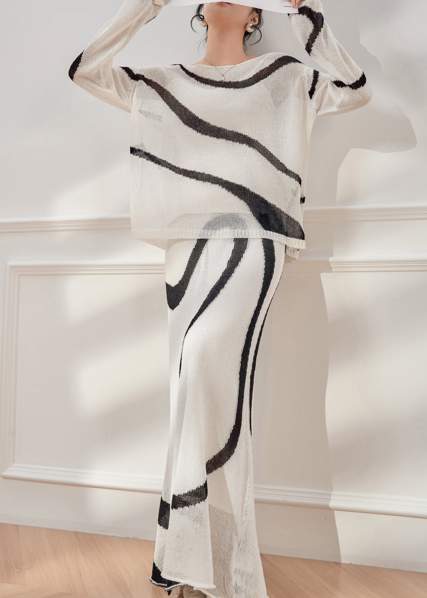 Handmade Colorblock Striped Knit Top And Maxi Skirts Two Pieces Set Spring