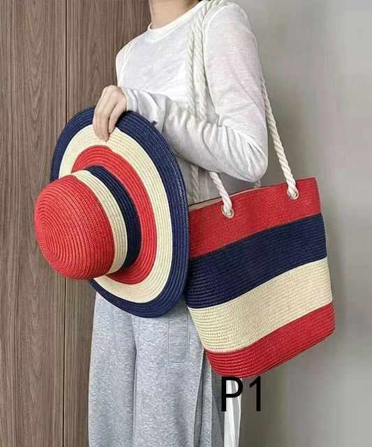 Handmade Colorblock Striped Straw Woven Floppy Sun Hat And Shoulder Handbag Two Pieces Set