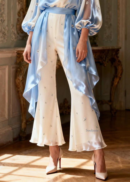 Handmade Colorblock Zircon Patchwork Tops And Flared Trousers Two Piece Set Lantern Sleeve