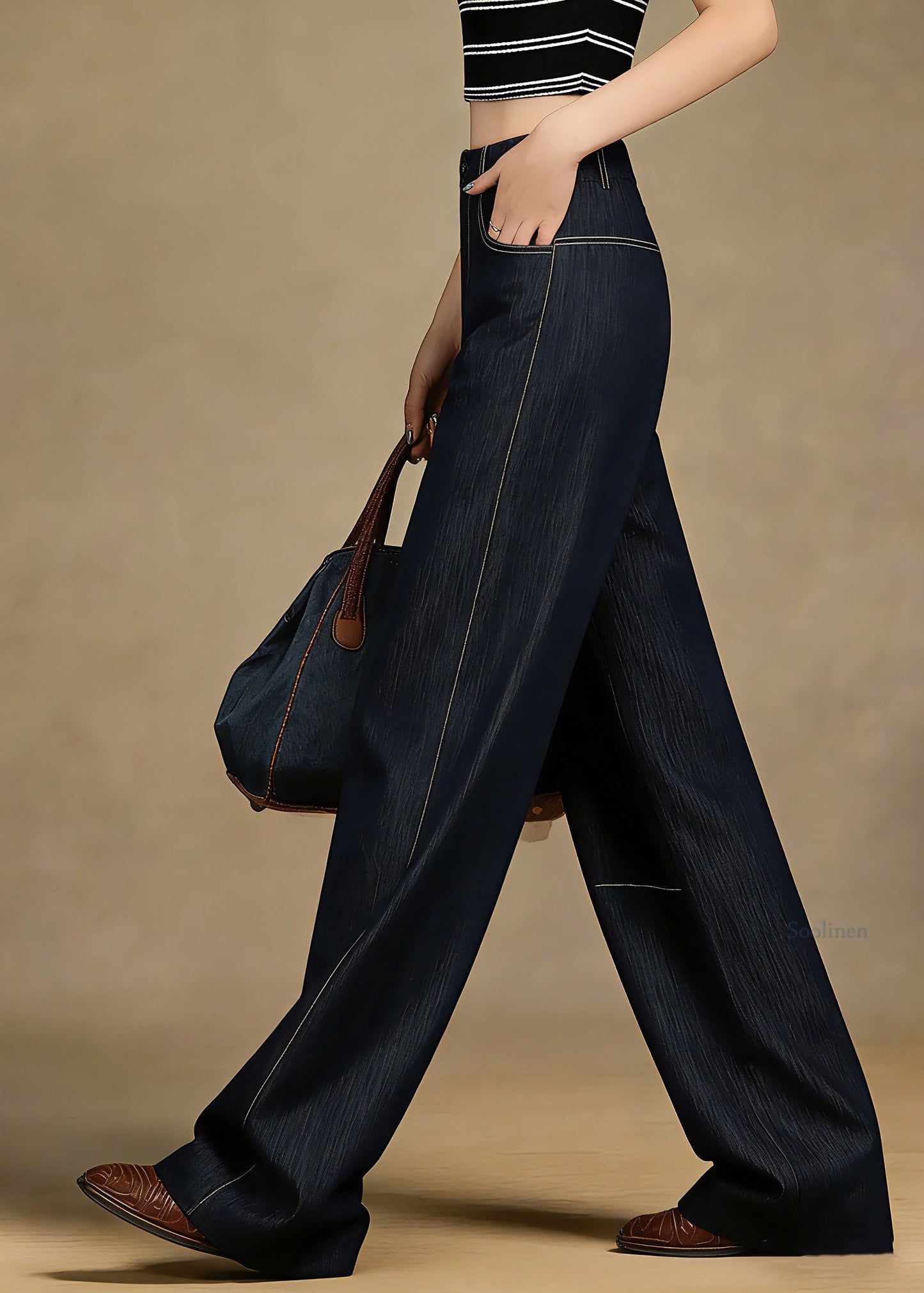 Handmade Denim Blue High Waist Pockets Patchwork Jeans Jeans Spring