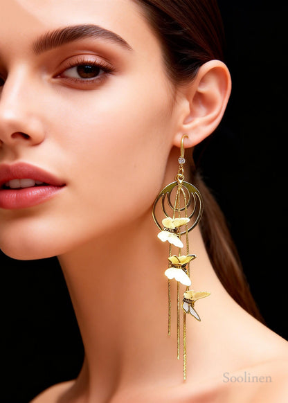 Handmade Golden Butterfly Long Tassels Drop Earrings