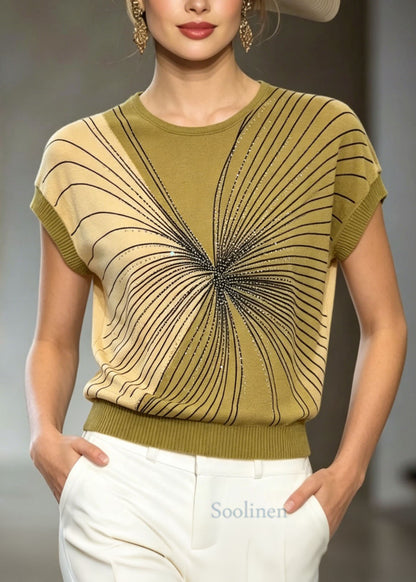 Handmade Green O Neck Zircon Ice Silk Knit Top Summer