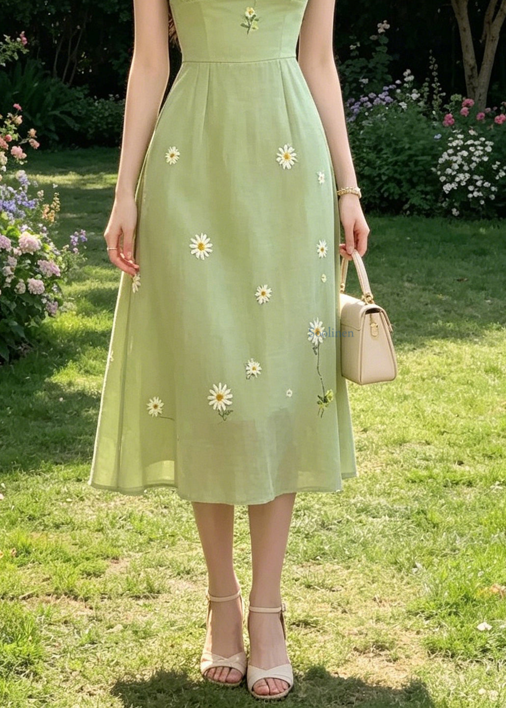 Handmade Green Square Collar Tie Lace Embroidered Floral Long Dresses Puff Sleeve
