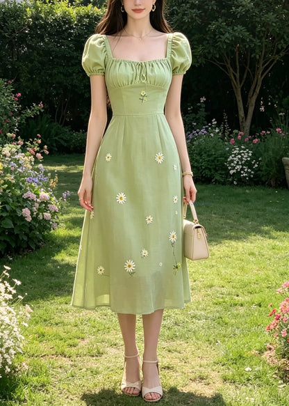 Handmade Green Square Collar Tie Lace Embroidered Floral Long Dresses Puff Sleeve