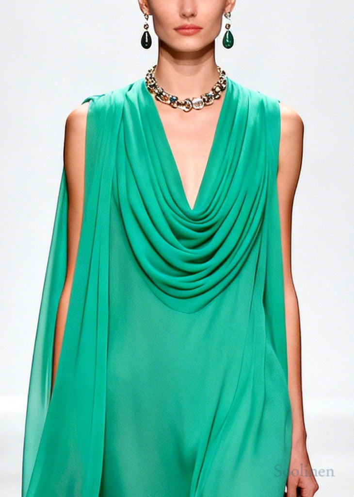 Handmade Green Turtle Neck Patchwork Flower Chiffon Dress Summer