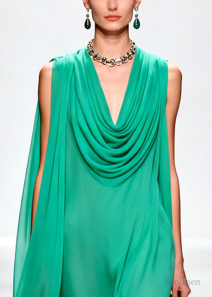 Handmade Green Turtle Neck Patchwork Flower Chiffon Dress Summer