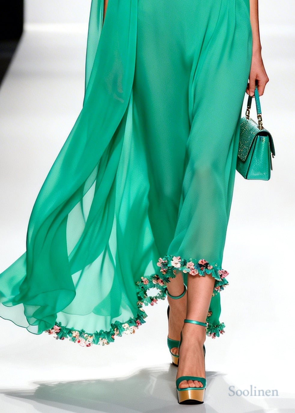 Handmade Green Turtle Neck Patchwork Flower Chiffon Dress Summer