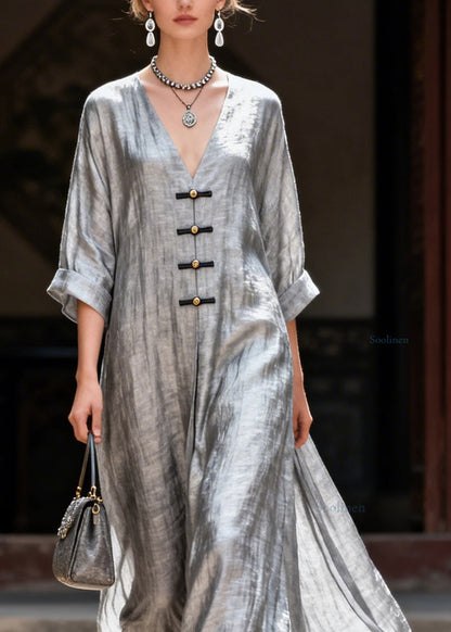 Handmade Grey V Neck Button Solid Maxi Dress Summer