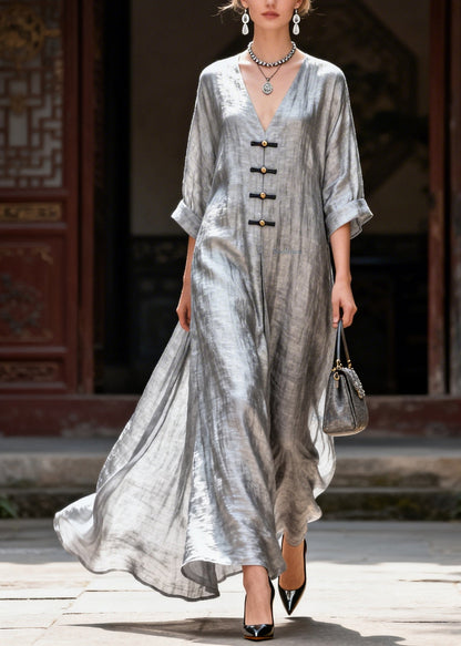 Handmade Grey V Neck Button Solid Maxi Dress Summer