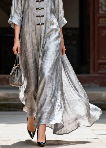 Handmade Grey V Neck Button Solid Maxi Dress Summer
