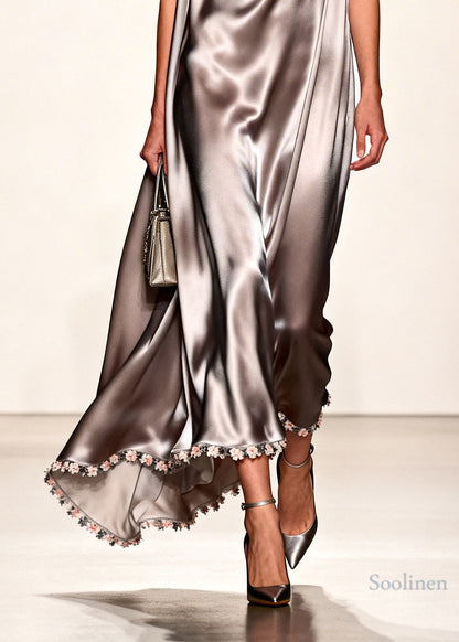 Handmade Grey V Neck Patchwork Flower Silk Maxi Dress Summer