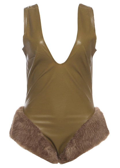 Handmade Khaki V Neck Patchwork Faux Leather Jumpsuits Summer