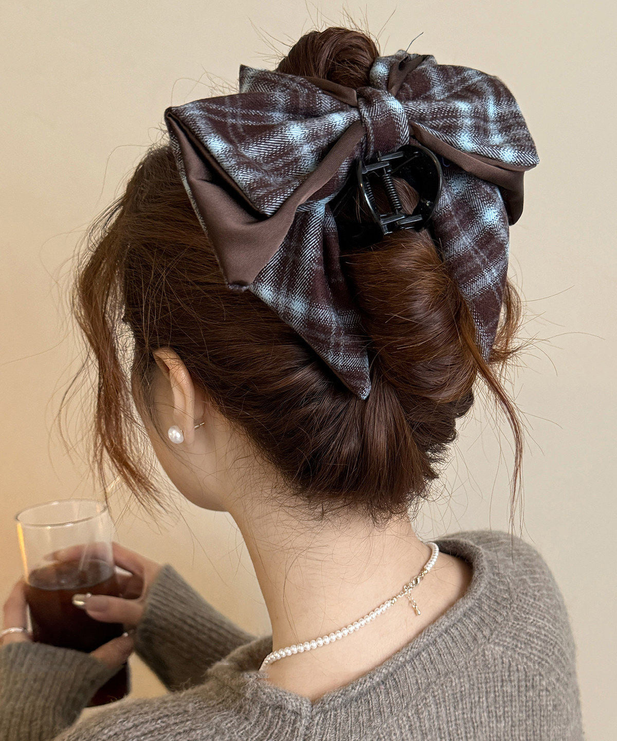 Handmade Navy Blue Plaid Alloy Bow Hairpin