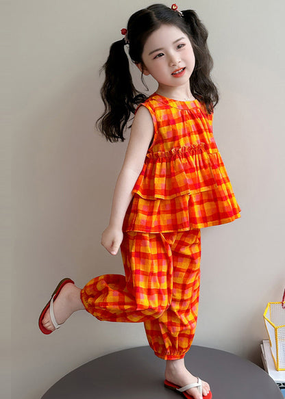Handmade Orange Ruffled Plaid Cotton Kids Girls Women Sets 2 Pieces Summer