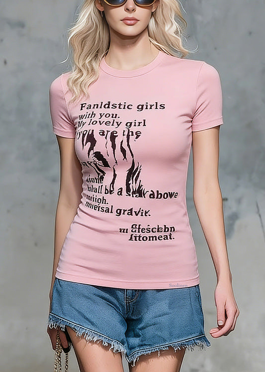 Handmade Pink O-Neck Print Top Short Sleeve