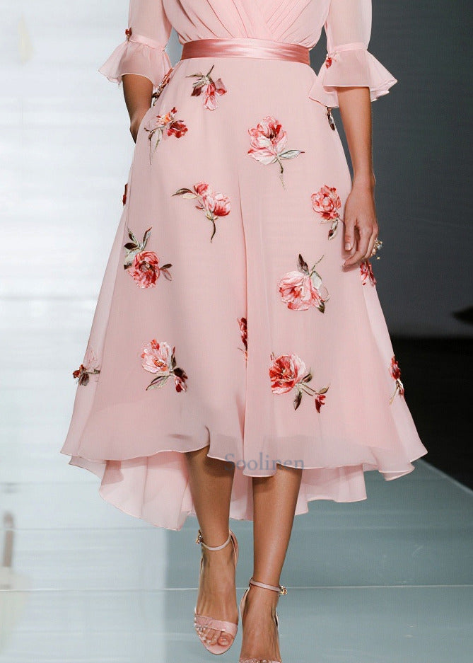 Handmade Pink V Neck Floral Chiffon Party Dresses Flare Sleeve