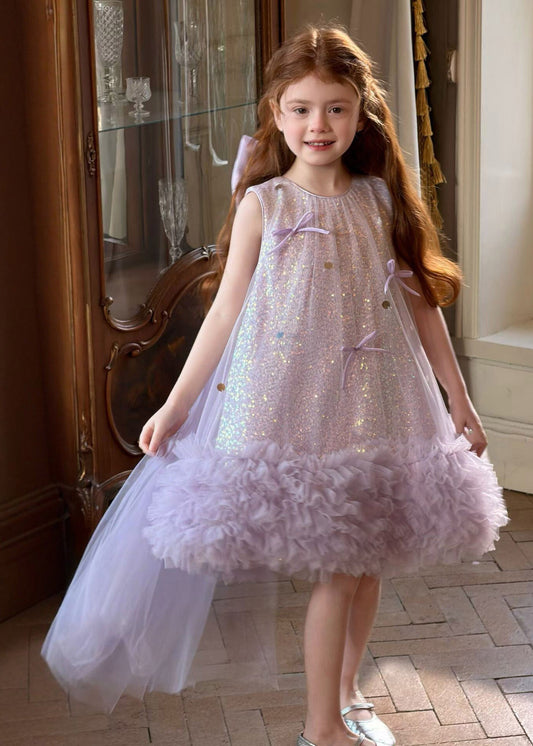Handmade Purple Patchwork Bow Tulle Girls Long Dresses Summer