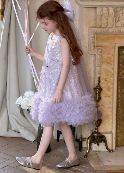 Handmade Purple Patchwork Bow Tulle Girls Long Dresses Summer