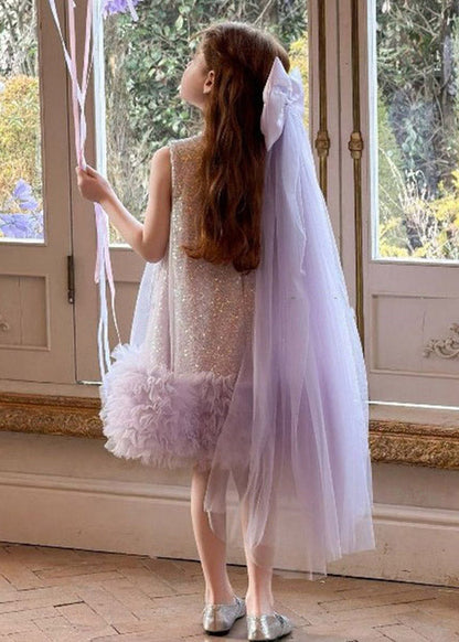 Handmade Purple Patchwork Bow Tulle Girls Long Dresses Summer