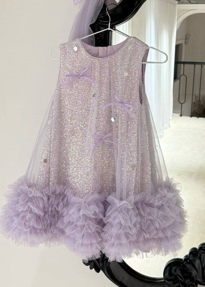 Handmade Purple Patchwork Bow Tulle Girls Long Dresses Summer