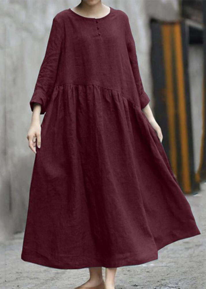 Handmade Red O-Neck Patchwork Pockets Robe Dresses Fall