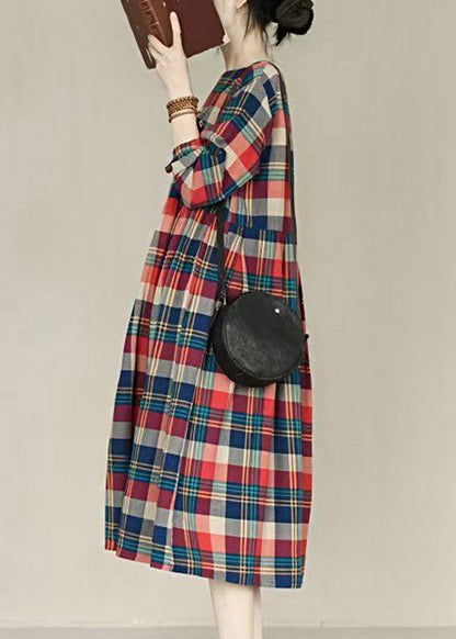 Handmade Red O-Neck Plaid Pockets Maxi Dresses Long Sleeve
