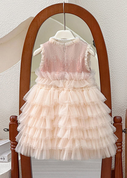Handmade Ruffled Nail Bead Tulle Kids Long Cake Dress Sleeveless