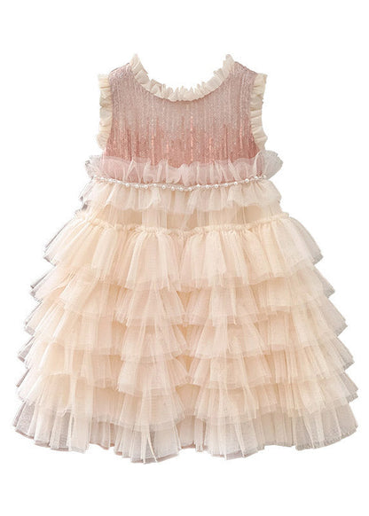 Handmade Ruffled Nail Bead Tulle Kids Long Cake Dress Sleeveless