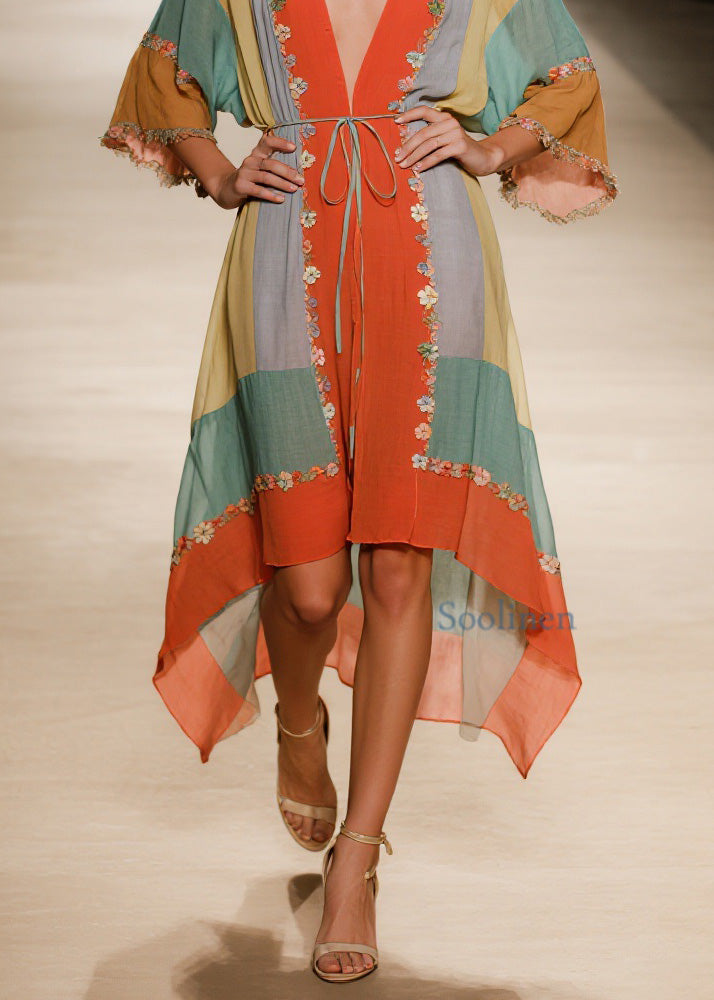 Handmade V Neck Asymmetrical Design Floral Cotton Dress Summer